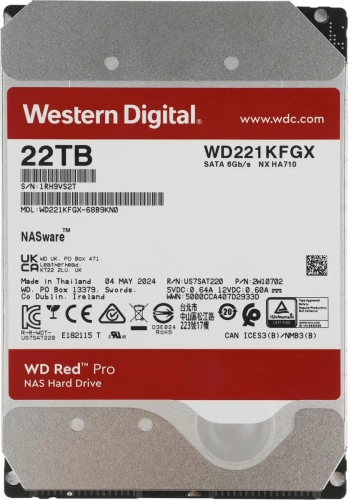 Жесткий диск 22TB 7200 RPM, SATA 6 Gb/s, CMR, 512 MB Cache,  3.5&quot; [WD221KFGX]