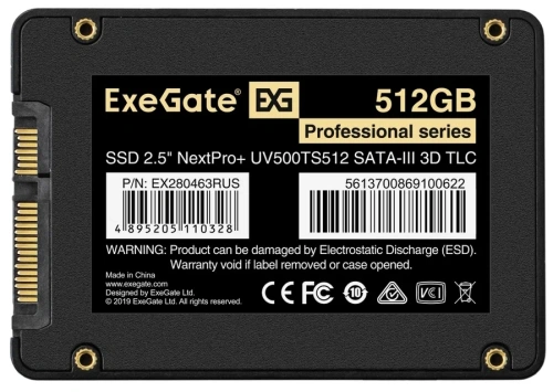 Накопитель SSD ExeGate NextPro+ UV500TS512, 512Gb, 2.5", SATA III, R/W 567/498 [EX280463RUS]