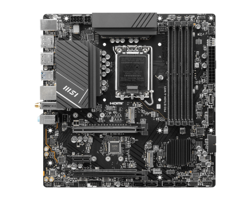 Материнская плата MSI PRO B760M-A WIFI, LGA 1700, Intel B760, 4xDDR5, 4xSATA, 2xM.2, 1xPCI-E 4.0 x16, 1xPCI-E 4.0 x4, 2xHDMI, 2xDP, 1x2.5Gb LAN, 2xUSB-A 2.0, 2xUSB 3.2 Gen 1, 2xUSB 3.2 Gen 2, 3x3.5 мм, 7.1, Micro-ATX [PRO B760M-A WIFI]