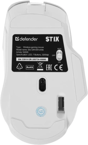 Мышь беспроводная Defender Stix GM-009 белый, 3200 dpi, радиоканал, USB, кнопки - 7 [52009]