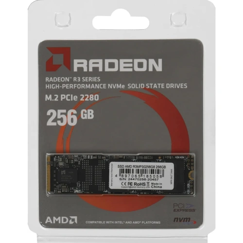 Накопитель SSD AMD Radeon 256 Gb, PCIe 3.0 x4, M.2 2280, NVMe, R/W 2000/1300 [R3MP30256G8]