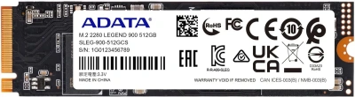 Накопитель SSD ADATA LEGEND 900, 512Gb, PCIe 4.0 x4, M.2 2280, NVMe, R/W 6200/2300, с радиатором [SLEG-900-512GCS]