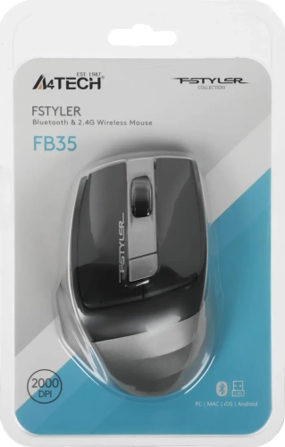 Мышь беспроводная A4Tech Fstyler серый, 2000 dpi, радиоканал, Bluetooth [FB35 SMOKY GREY]