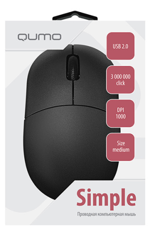 Мышь проводная Qumo Simple Office M92 черный, 1000 dpi, USB, кнопки - 3 [M92 Black]