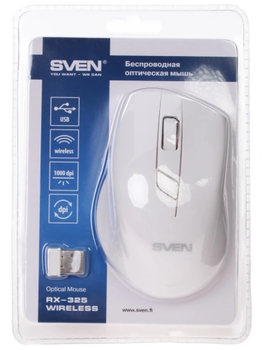 Мышь беспроводная SVEN RX-325 белый, 1000 dpi, радиоканал, USB [SV-03200325WW]