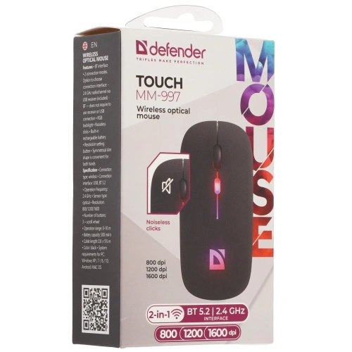 Мышь беспроводная Defender Touch MM-997 черный, 1600 dpi, радиоканал, Bluetooth [52997]