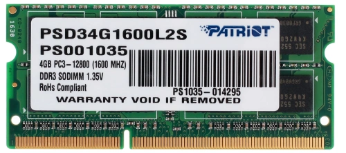 Оперативная память Patriot SL DDR3 4GB 1600MHz SO-DIMM PC12800 PSD34G1600L2S 1.35V CL11 [PSD34G1600L2S]