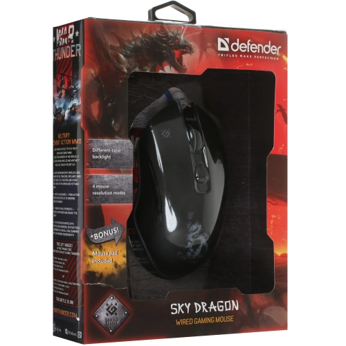 Мышь проводная Defender Sky Dragon GM-090L черный, 3200 dpi, USB [52090]