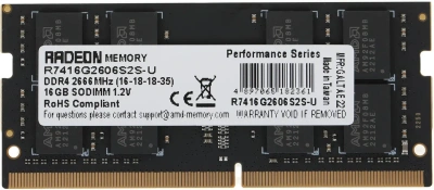 Оперативная память AMD 16GB DDR4 2666 SO DIMM R7 Performance Series Black R7416G2606S2S-U Non-ECC, CL16, 1.2V, RTL [R7416G2606S2S-U]