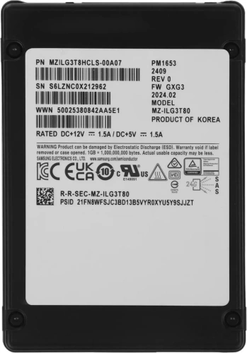 Накопитель SSD Samsung PM1653, 3.84Tb, SAS 4.0, 2.5&quot;, R/W 4200/3700 [MZILG3T8HCLS-00A07]
