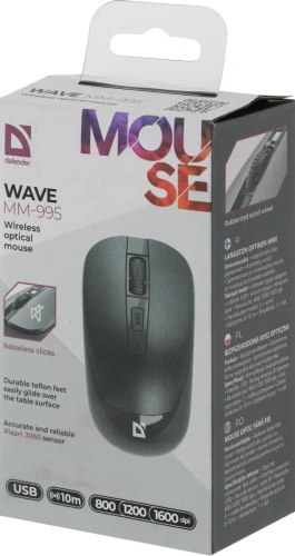 Мышь беспроводная Defender Wave MM-995 черный, 1600 dpi, радиоканал, USB, кнопки - 4 [52995]