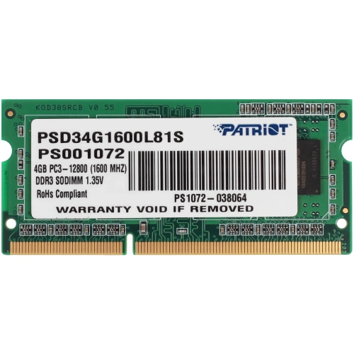 Оперативная память Patriot SL 4GB DDR3 1600MHz SO-DIMM PSD34G1600L81S PC3-12800, 1.35V 1*4GB CL11 [PSD34G1600L81S]