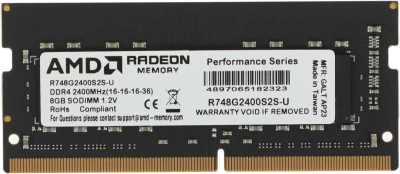 Оперативная память AMD 8GB DDR4 2400MHz SO DIMM R7 Performance Series Black R748G2400S2S-U Non-ECC, CL16, 1.2V, RTL [R748G2400S2S-U]