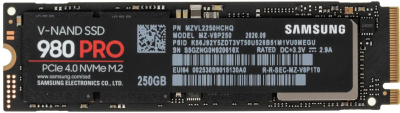Накопитель SSD Samsung 980 PRO 250GB, V-NAND 3-bit MLC, Elpis, M.2 (2280) PCIe Gen 4.0 x4 [MZ-V8P250BW]