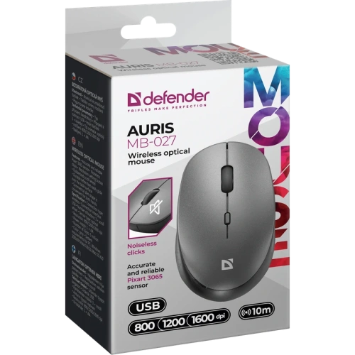 Мышь беспроводная Defender Auris MB-027 серый, USB, кнопки - 4 [52029]
