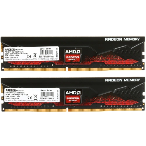 Оперативная память 16GB AMD Radeon™ DDR4 3200 DIMM R9 Gamers Series Black Gaming Memory R9S416G3206U2K Non-ECC, CL16, 1.35V, Heat Shield, Kit (2x8GB), RTL [R9S416G3206U2K]